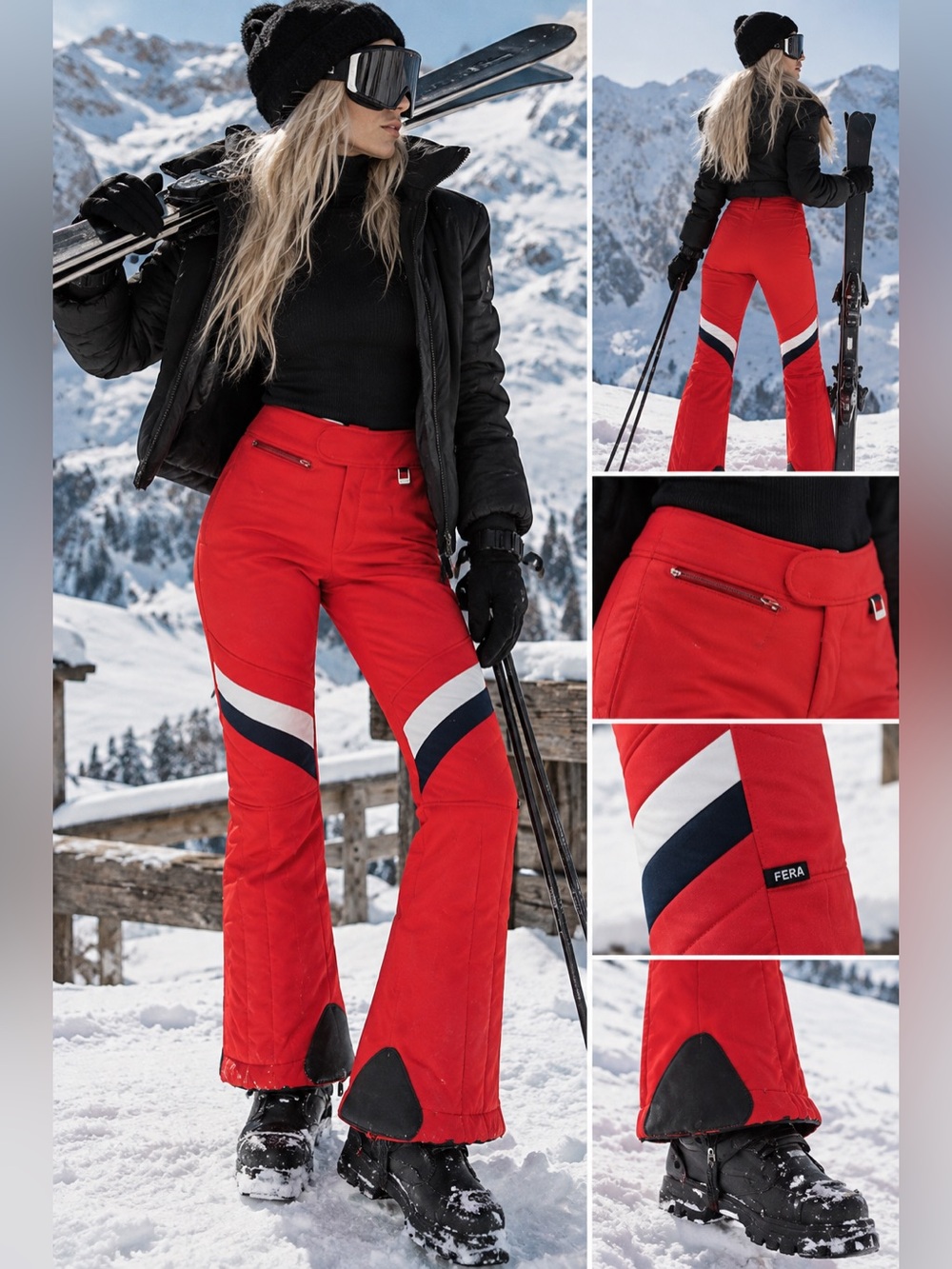 Vintage FERA Red Wool Blend Ski Pants 32S Retro Flare Colorblock Snow Pants